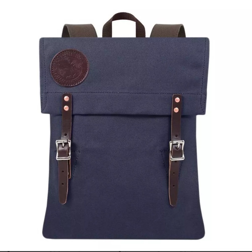 EUC Duluth Pack Scout Backpack Navy Blue Canvas Brown Leather Unisex Adventure